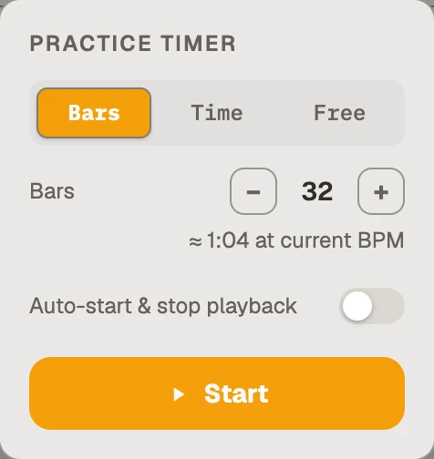 The Practice Timer panel, set to count 32 bars