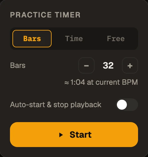 The Practice Timer panel, set to count 32 bars