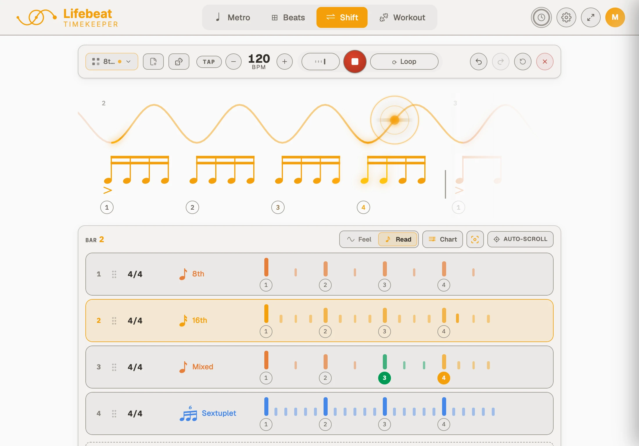 Shift playing in Read mode: the bar rows below, and above them the same music written as notation with the playhead riding the notes