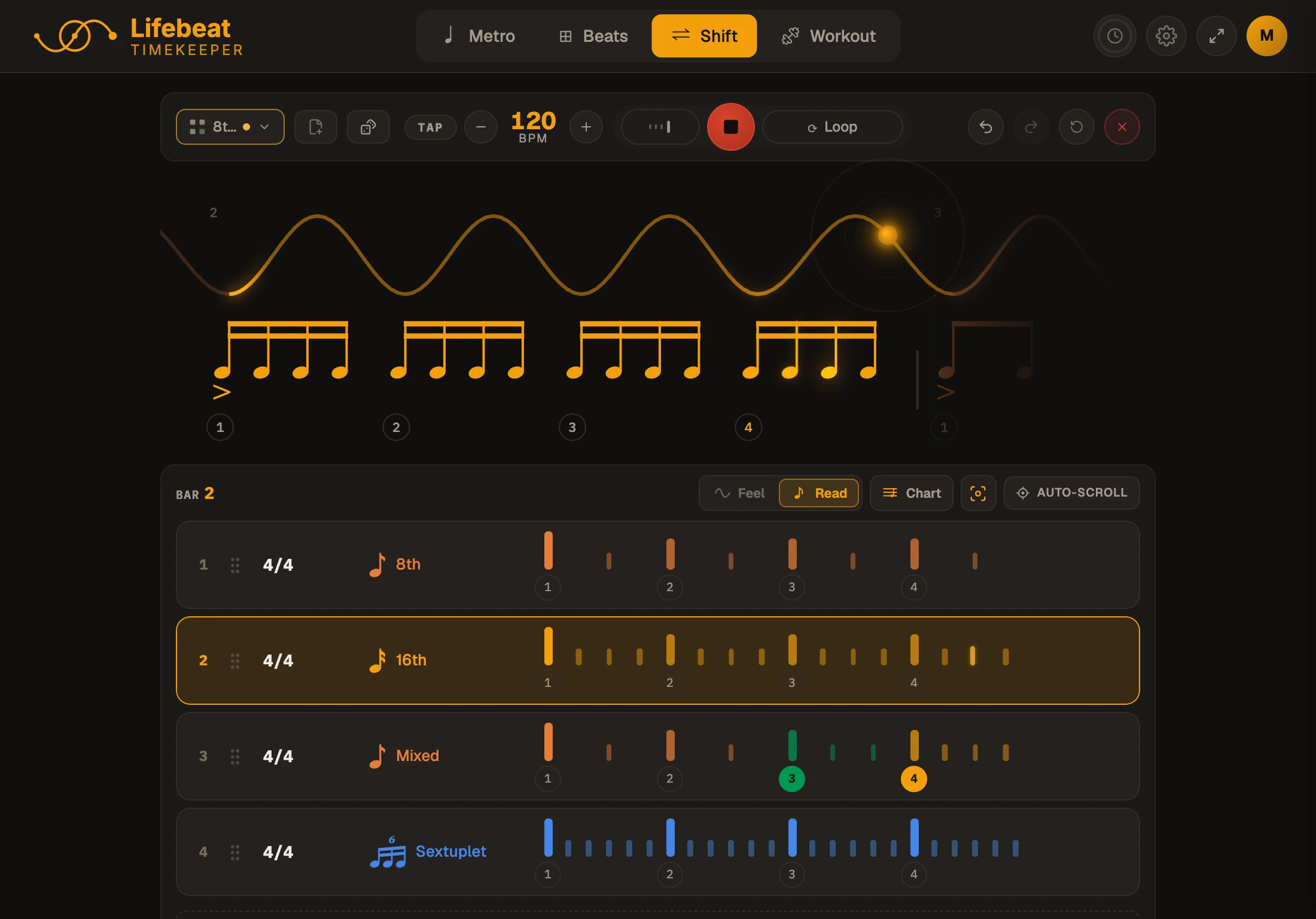 Shift playing in Read mode: the bar rows below, and above them the same music written as notation with the playhead riding the notes