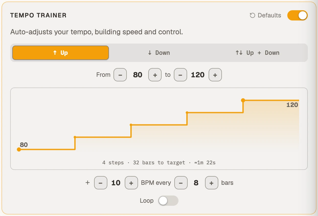 The Tempo Trainer panel, with start and target tempo and the climb between them