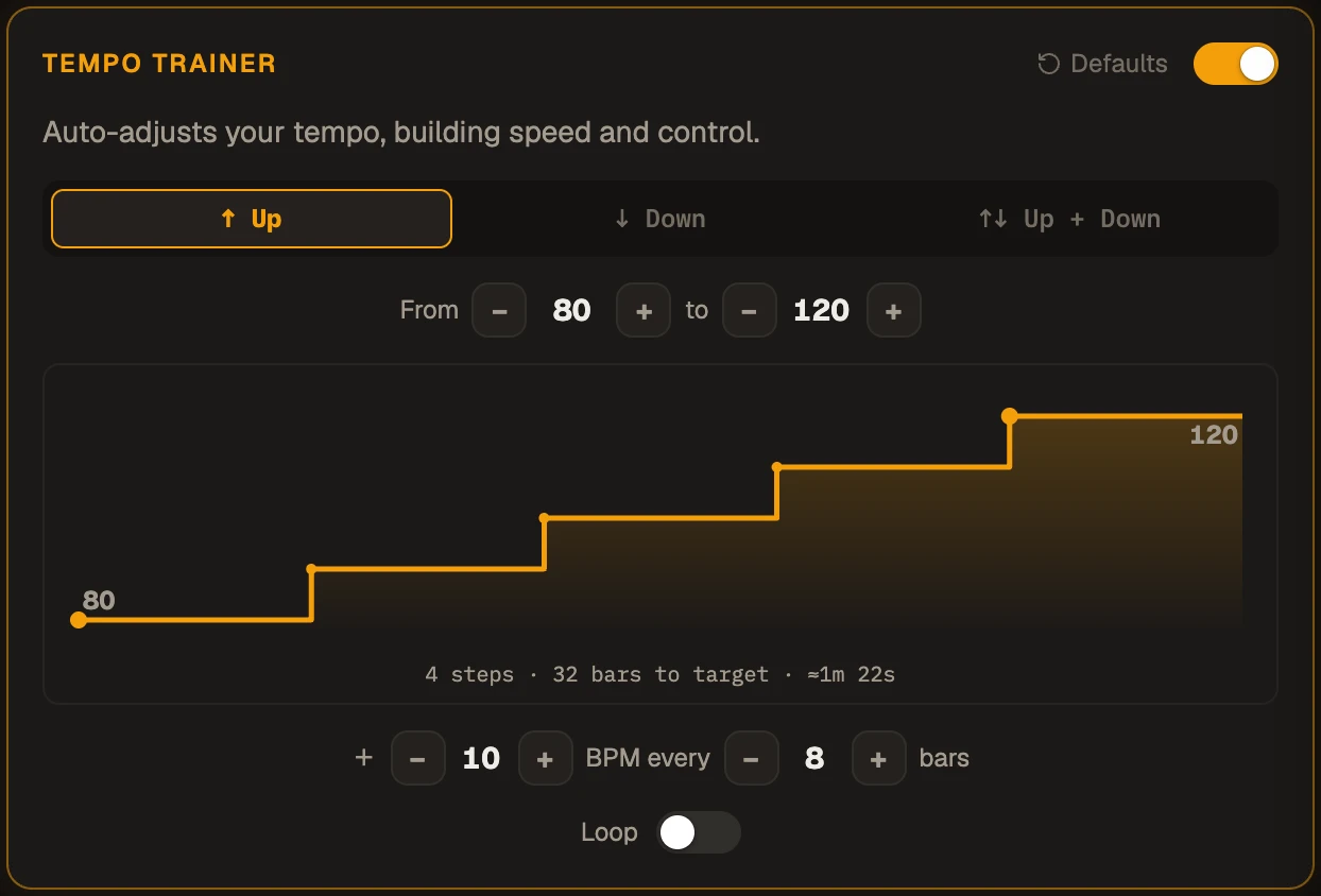 The Tempo Trainer panel, with start and target tempo and the climb between them